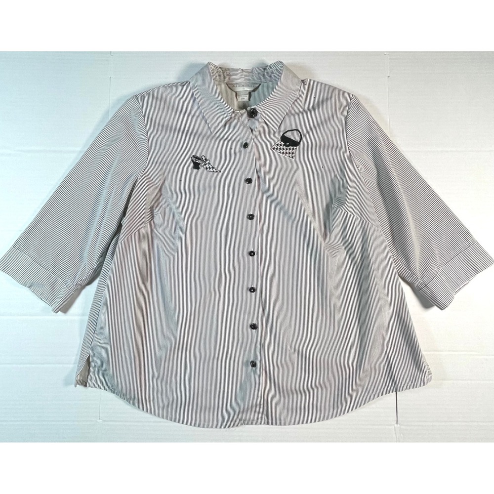 Allison Daley Button Up Top Women 20W Black White Striped Vintage Shoulder Pads